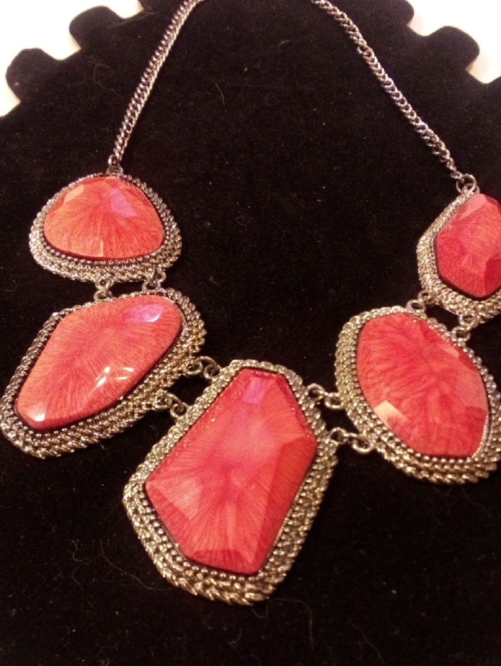 Coral Pink Faceted Statement Necklace in Antique Silver